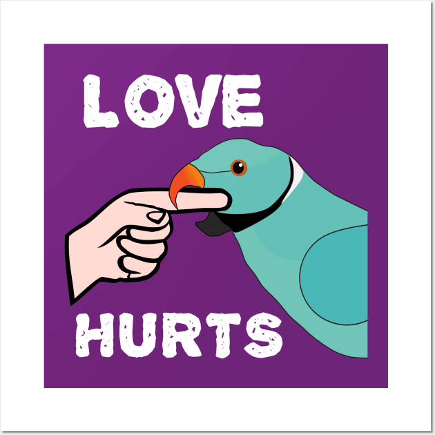 Love Hurts Blue Indian Ringneck Male Parrot Biting Wall Art by Einstein Parrot